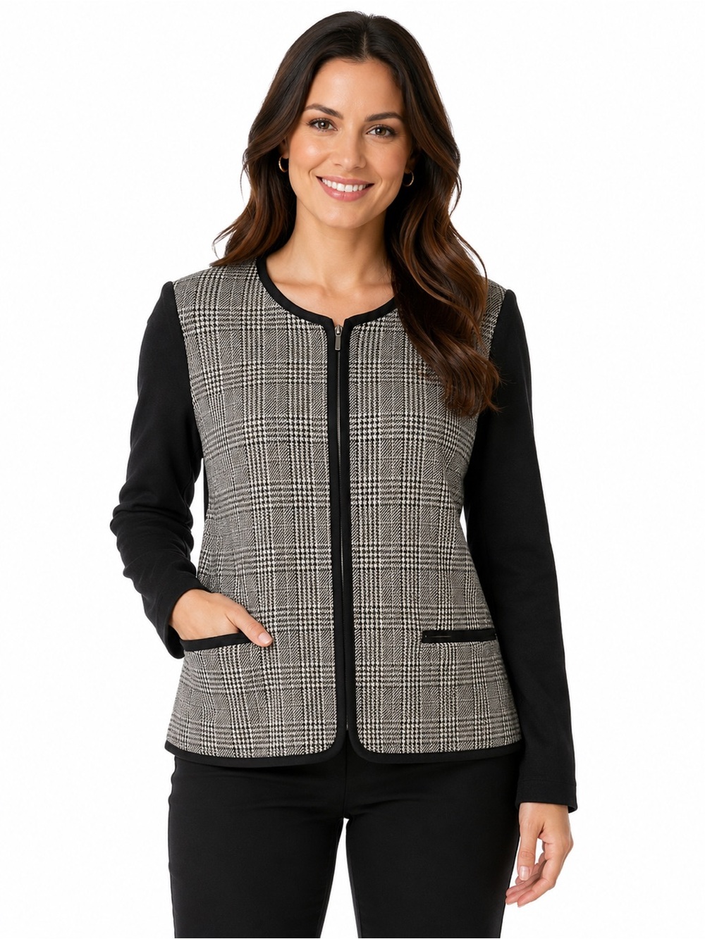 Women's Black & Gray Plaid Zip-Front Jacket - 0823